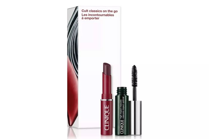 The Clinique Cult Classics On-the-Go Cosmetic Set contains the High Impact Mascara in black and the Almost Lipstick in Black Honey, both must-have beauty essentials.