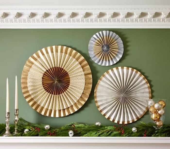 Christmas decorating ideas, Metallic medallions above the mantel