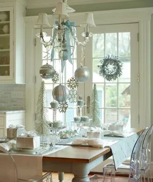 Christmas decoration ideas - Christmas ornaments hanging from chandelier