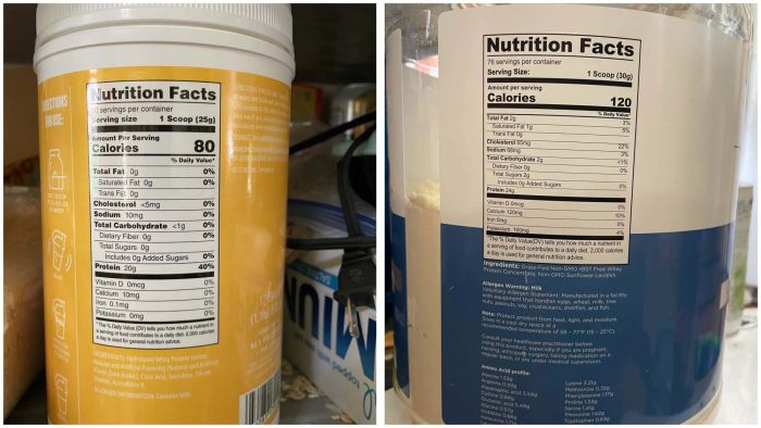 Clear whey: 80 calories and 20g of protein per scoop. Regular whey: 120 calories, 24g of protein, 2g of fat, and 2g of carbs.