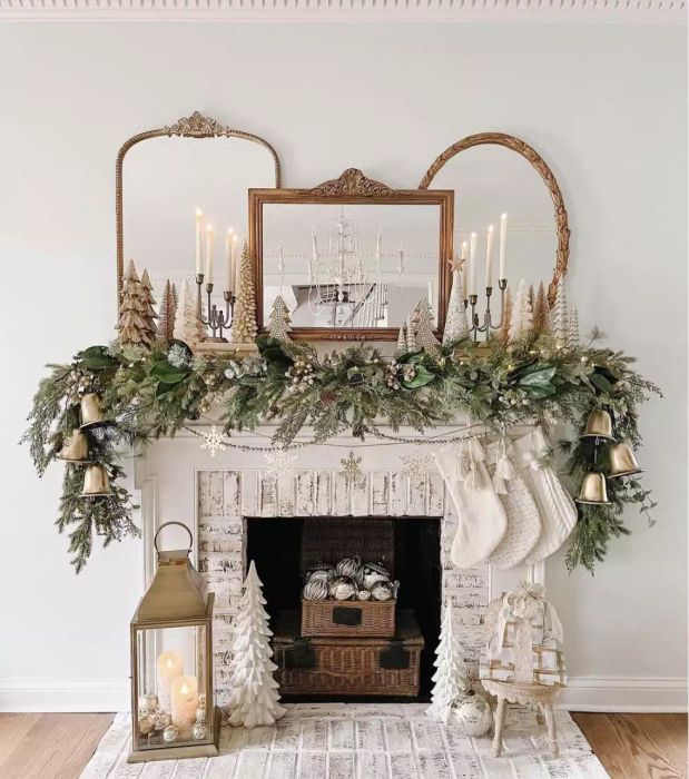 A festive Christmas mantel adorned with stockings, mirrors, candles, and holiday trinkets, bringing warmth and joy to your home.