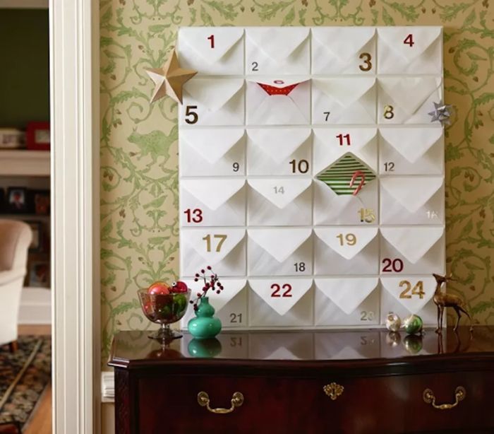 Christmas decorating ideas, Advent calendar made from bulletin board and envelopes