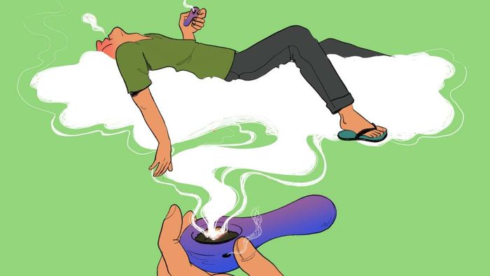 An artwork showing a man reclining, holding a smoking pipe, with smoke billowing upward from a larger cannabis pipe positioned beneath him