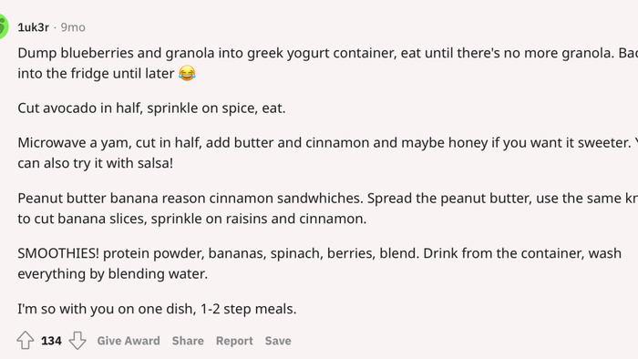 Just toss in blueberries and granola into the container of Greek yogurt and eat until the granola’s gone. Then stick it back in the fridge until you're ready for round two.