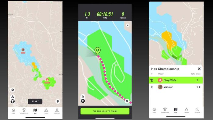 Screenshots of Stride include a map showcasing blue and green tiles, a view during the run with red dots marking my path as it claims green tiles, and a leaderboard showing me at the top for a specific tile.