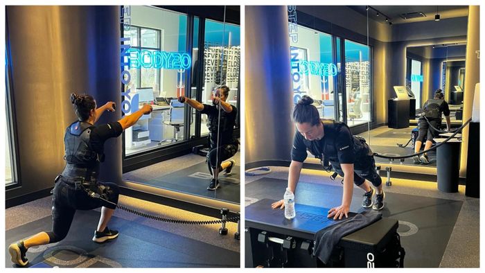 Two frames of Beth performing exercises at Body20