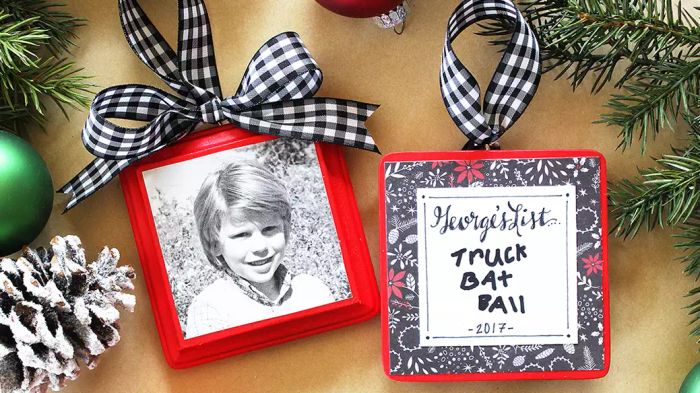Christmas photo ornaments with plaid ribbon bows set against a golden backdrop