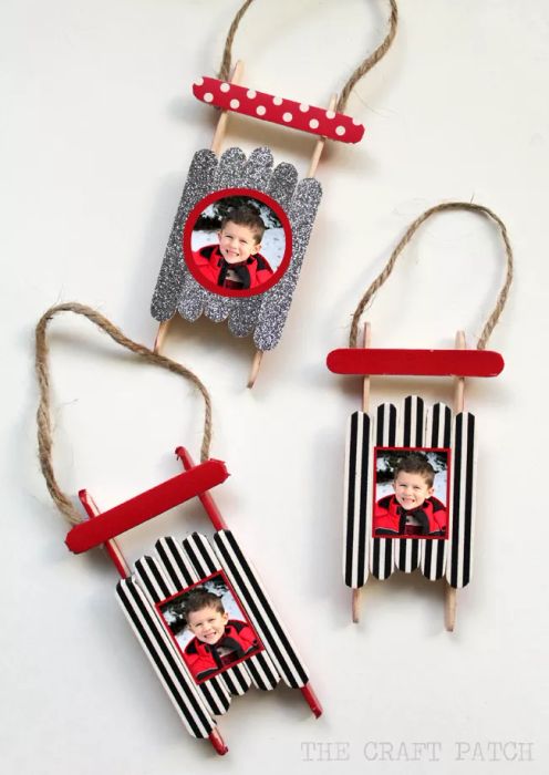 Popsicle Stick Sled Ornament with Washi Tape and Photo