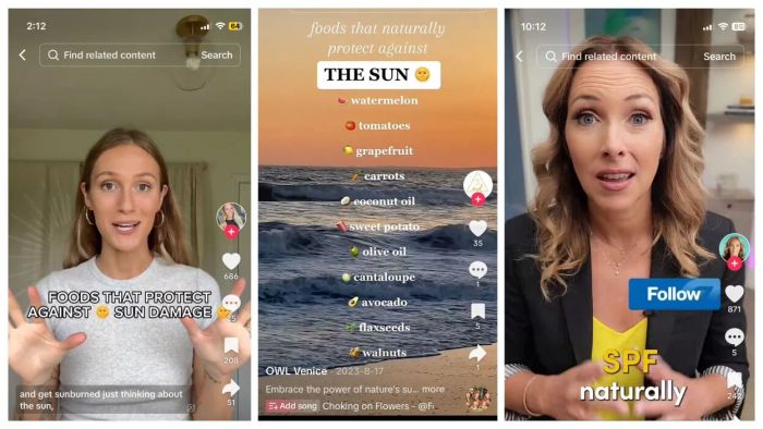 Screenshots from TikToks claiming that certain foods can block sunburn.