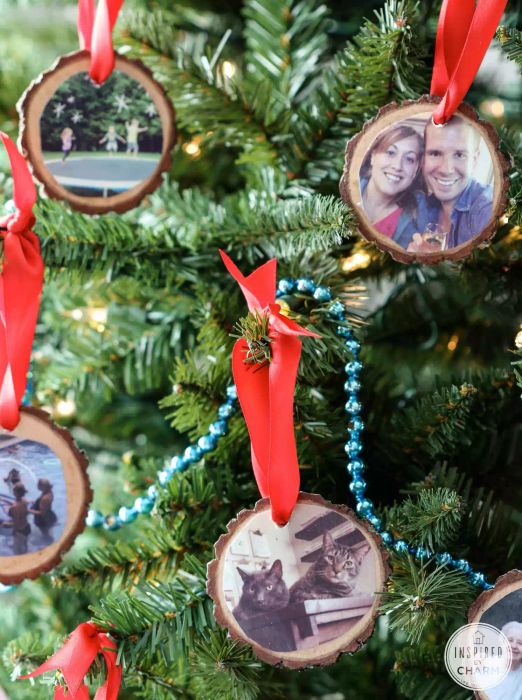 Wood slice ornaments with photos on them