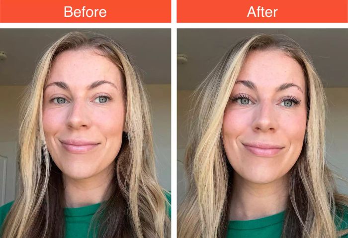 A before-and-after photo demonstrating the results of using L’Oréal Voluminous Lash Paradise Mascara