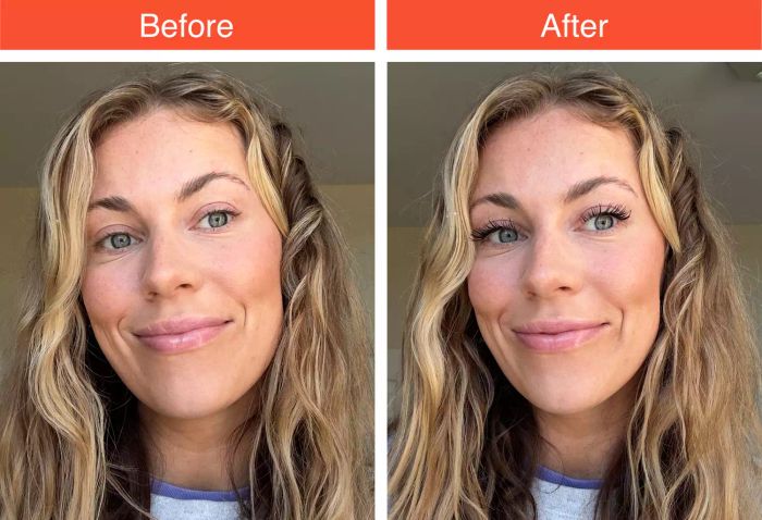 A before and after image showcasing the effect of L’Oréal Paris Voluminous Original Mascara on a person's lashes.