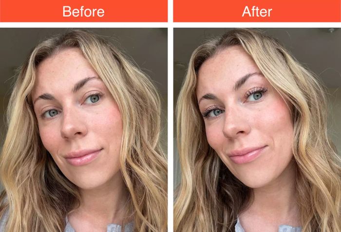 Before and after images showcasing the effects of Milani Highly Rated Lash Extensions Tubing Mascara.