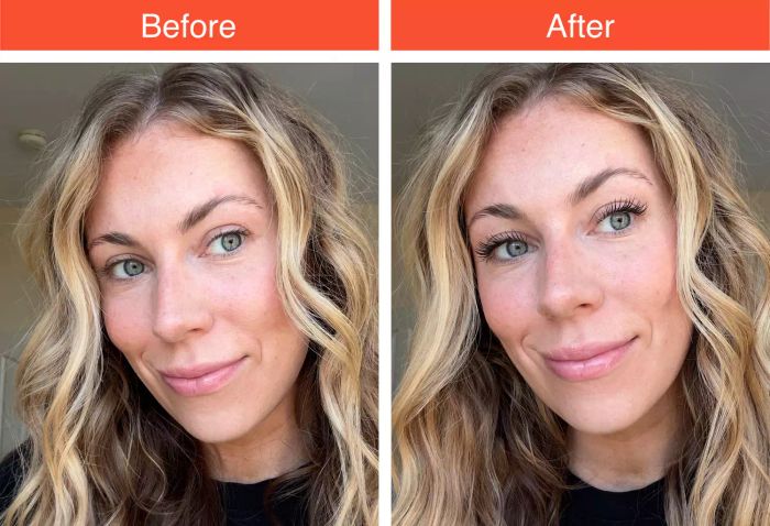 A before-and-after image highlighting the dramatic effects of CoverGirl LashBlast Volume Waterproof Mascara.