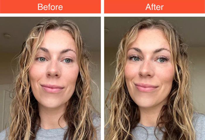 A before-and-after photo showcasing the dramatic results of using Essence Lash Princess False Lash Effect Mascara.