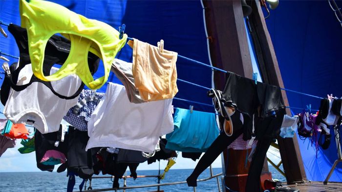 sports bras and activewear drying on a clothesline