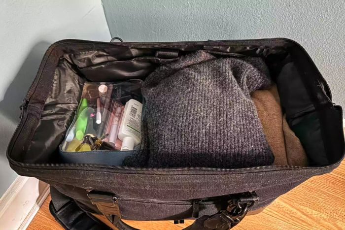 Beis Weekender interior with packed items