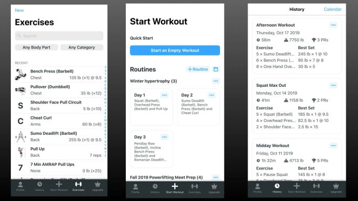 Screenshots of the Strong app: Exercise library,