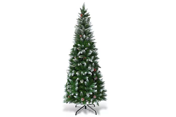 Costway 6ft Snow Flocked Unlit Pencil Christmas Tree Hinged Pine Cones