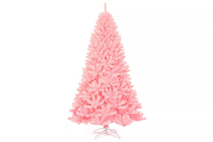 Gymax 7.5ft Pink Artificial Christmas Tree Hinged Spruce Full Tree with Metal Stand