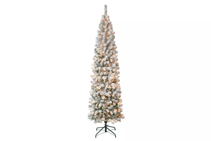 Acacia Pencil Slim Flocked Tree with Clear Lights