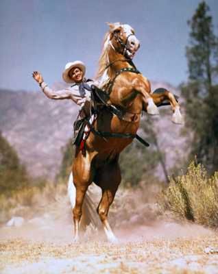 Golden Cloud, originally appearing in films before being bought by Roy Rogers, was renamed Trigger. In the world of movie cowboys, several had trained horses—Tom Mix with Tony, William Hart with Fritz, and Gene Autry had multiple horses named Champion. These steeds performed impressive jumping and riding stunts, but Trigger stood out due to his ability to follow commands and perform over one hundred tricks, including untying Roy's hands, walking on his hind legs, dancing, and playing dead, all just by voice command. His most remarkable feat? Being housebroken, which allowed Roy to bring him into theaters and TV studios. Trigger even had his own comic book series published by Dell. After his passing, Trigger was preserved, and it’s believed that his stuffed body is now owned by Rural Free Delivery Television, a cable channel that is developing a western museum.