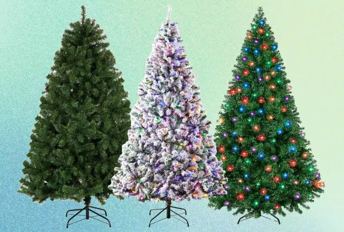 A collage showcasing three recommended Walmart Faux Christmas Trees set against a green and blue backdrop