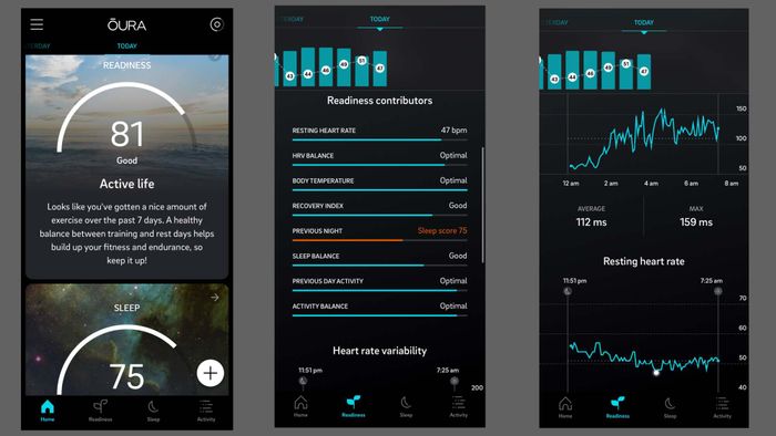 Scores: readiness at 81/good, sleep at 75/good. The middle screenshot illustrates the factors contributing to the score (RHR, HRV balance, body temperature, etc.; only the previous night's sleep is in the red). The screenshot on the right shows two jagged graphs detailed in the caption.