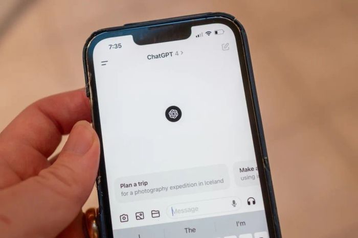 A person holding a phone showing the app, with a conversation about organizing a photography trip to Iceland