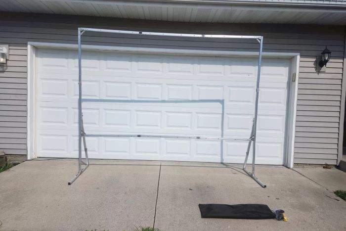 The frame of an Elite Screens Yard Master 2 Outdoor Projection Screen