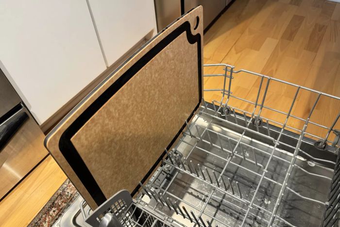 The Epicurean 17.5 x 13 Inch Gourmet Series Groove Cutting Board inside a dishwasher
