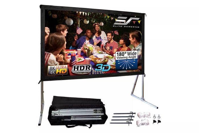 The Elite Screens Yard Master 2 by Amazon is a versatile folding-frame projection screen designed for outdoor use, offering an easy setup and clear viewing experience.