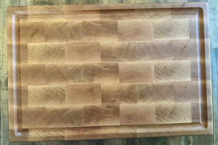 An overhead view of The Boardsmith Maple End-Grain Cutting Board
