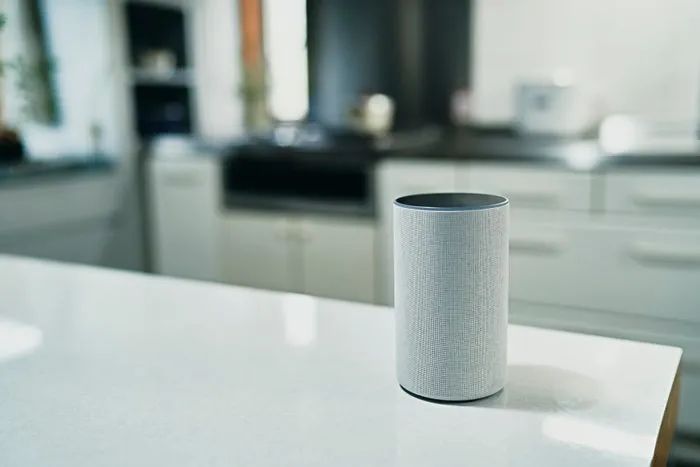 A smart speaker placed on a kitchen counter with blurred kitchen appliances in the background