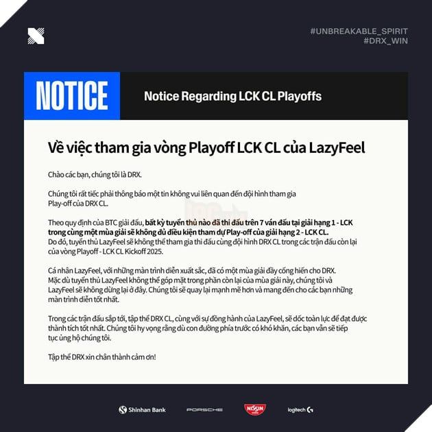 Lazyfeel Tỏa Sáng Cùng DRX Tại LCK Cup, Nhưng Bất Ngờ Bị Tạm Dừng Thi Đấu Ở LCK CL 2