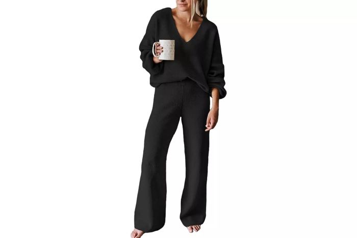 Amazon Viottiset Women's 2 Piece Outfits Casual V Neck Knit Wide Leg Sweater Lounge Set Sweatsuit