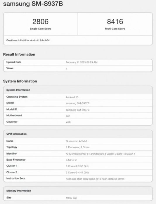 Galaxy S25 Edge tiết lộ hiệu năng qua bài kiểm tra Geekbench