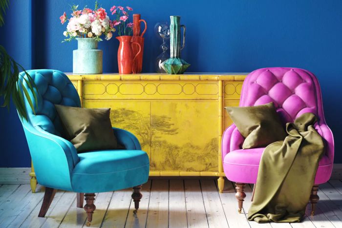 A moody, vibrant interior featuring vintage furnishings,