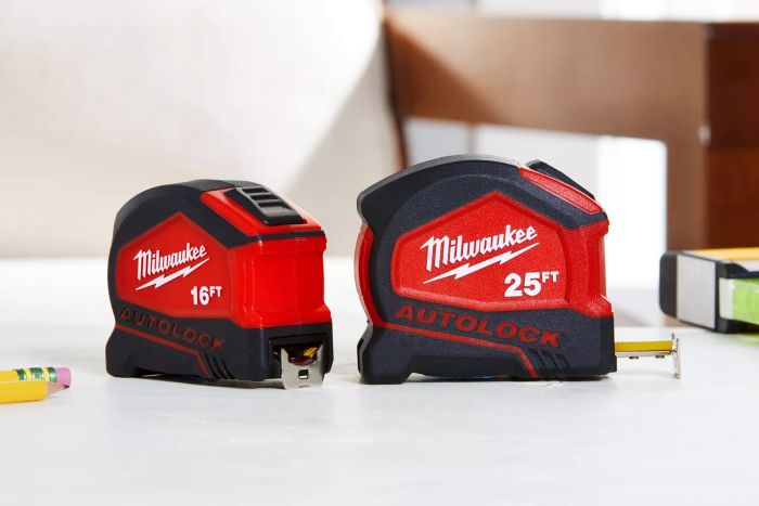 The Milwaukee Compact Auto-Lock Tape Measure displayed on a pristine white surface