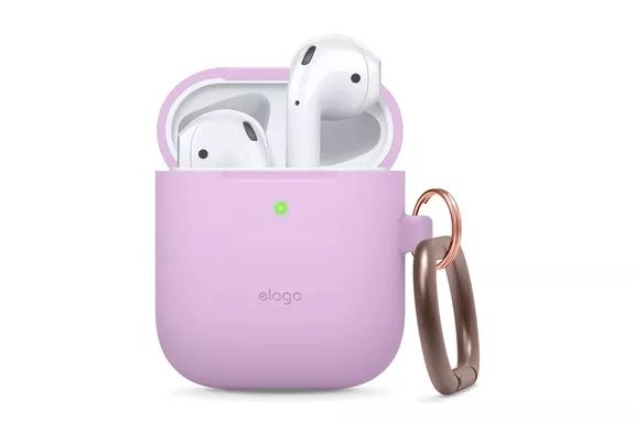 elago Lavender Silicone Case with Keychain for Apple AirPods 1 & 2, Wireless Charging Compatible, LED Visibility, Durable Protective Cover