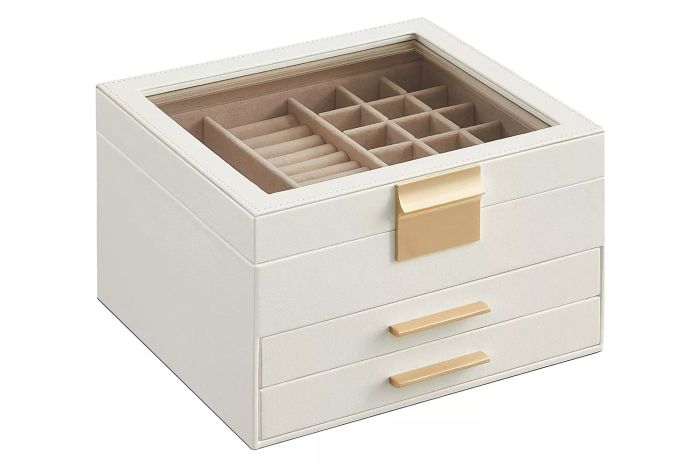 Amazon SONGMICS Jewelry Box with Glass Top, 3-Layer Jewelry Storage