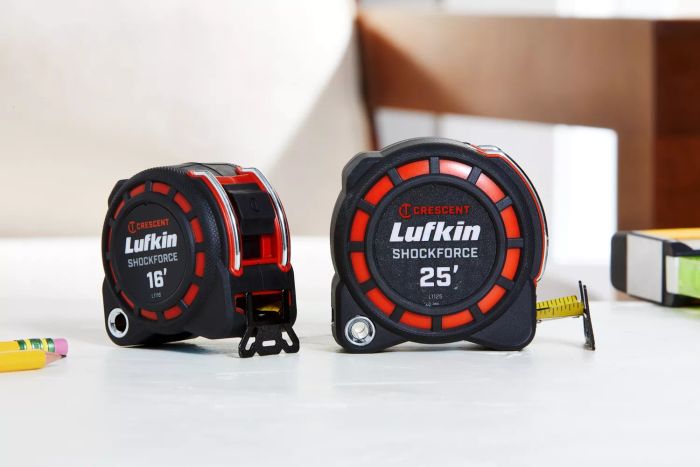Crescent Lufkin Shockforce Dual-Sided Tape Measure placed on a white surface