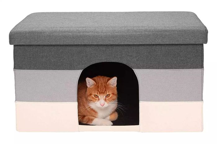 Furhaven Large Collapsible Ottoman-Footstool Pet Bed - Hygge Stripe (Gray/Cream), Large