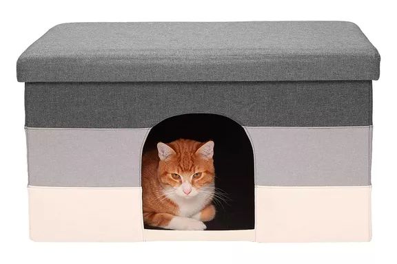 Furhaven Large Collapsible Ottoman-Footstool Pet Bed - Hygge Stripe (Gray/Cream), Large