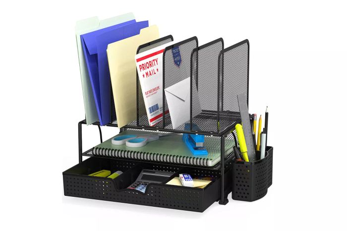 Simple Houseware Mesh Desk Organizer with Sliding Drawer, Dual Trays, and 5 Upright Compartments, Black
