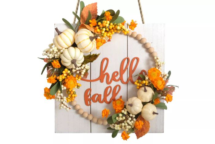 Idyllic Hello Fall Sign Wreath for Front Door, Pumpkin