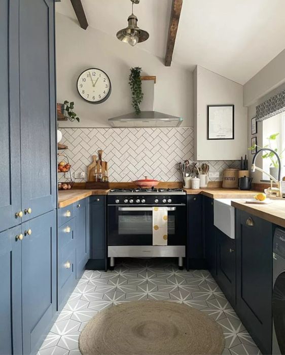 Compact blue-themed kitchen