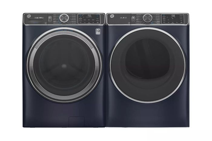 GE GFW850SPNRS 5.0 cu. ft. Smart Sapphire Blue Front Load Washer paired with GE GFD85ESPN1RS 7.8 cu. ft. Smart Front Load Electric Dryer in Sapphire Blue, featuring Steam and Sanitize Cycle