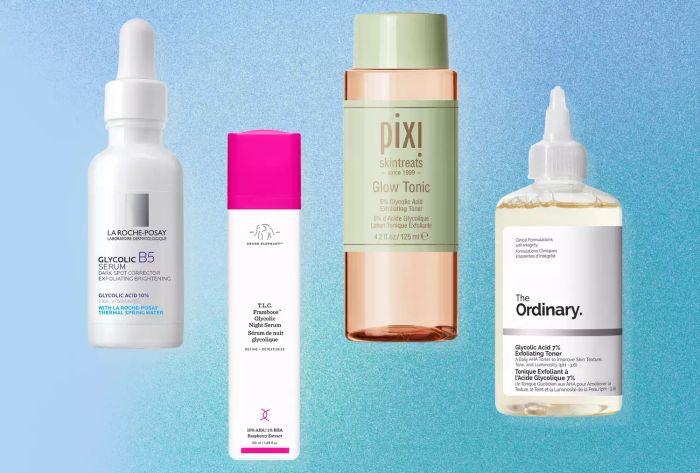 A curated selection of four recommended Glycolic Acid Skincare Products showcased on a blue background