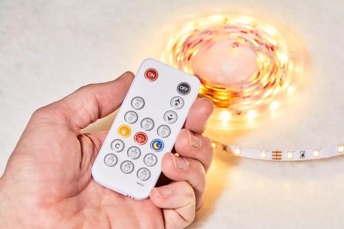 a detailed view of the remote control included with the Wobane Under-Cabinet LED Lighting Kit